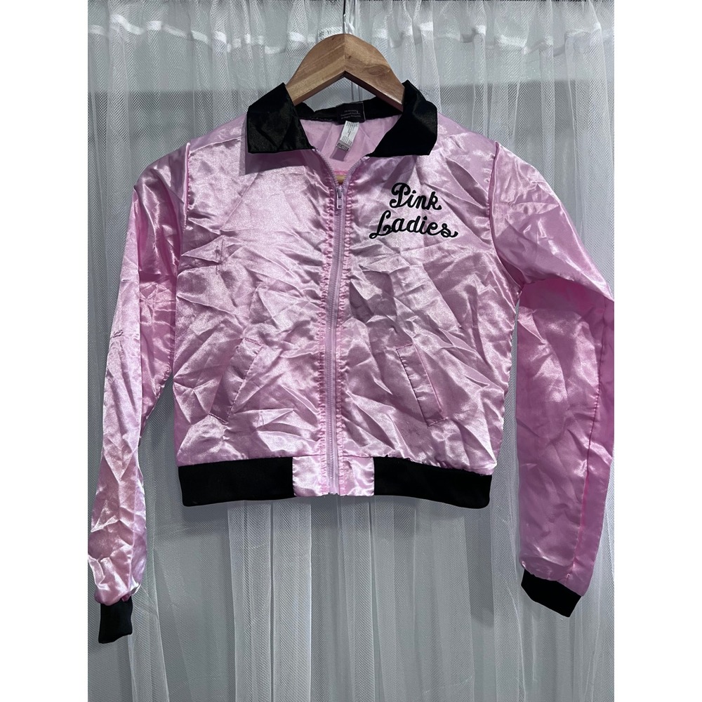 Grease Pink Ladies Jacket Kids Pink Black Satin Bomber Movie Costume Zip Up L